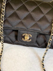 CHANEL Quilted Silk Mini Crossbody Bag In Black